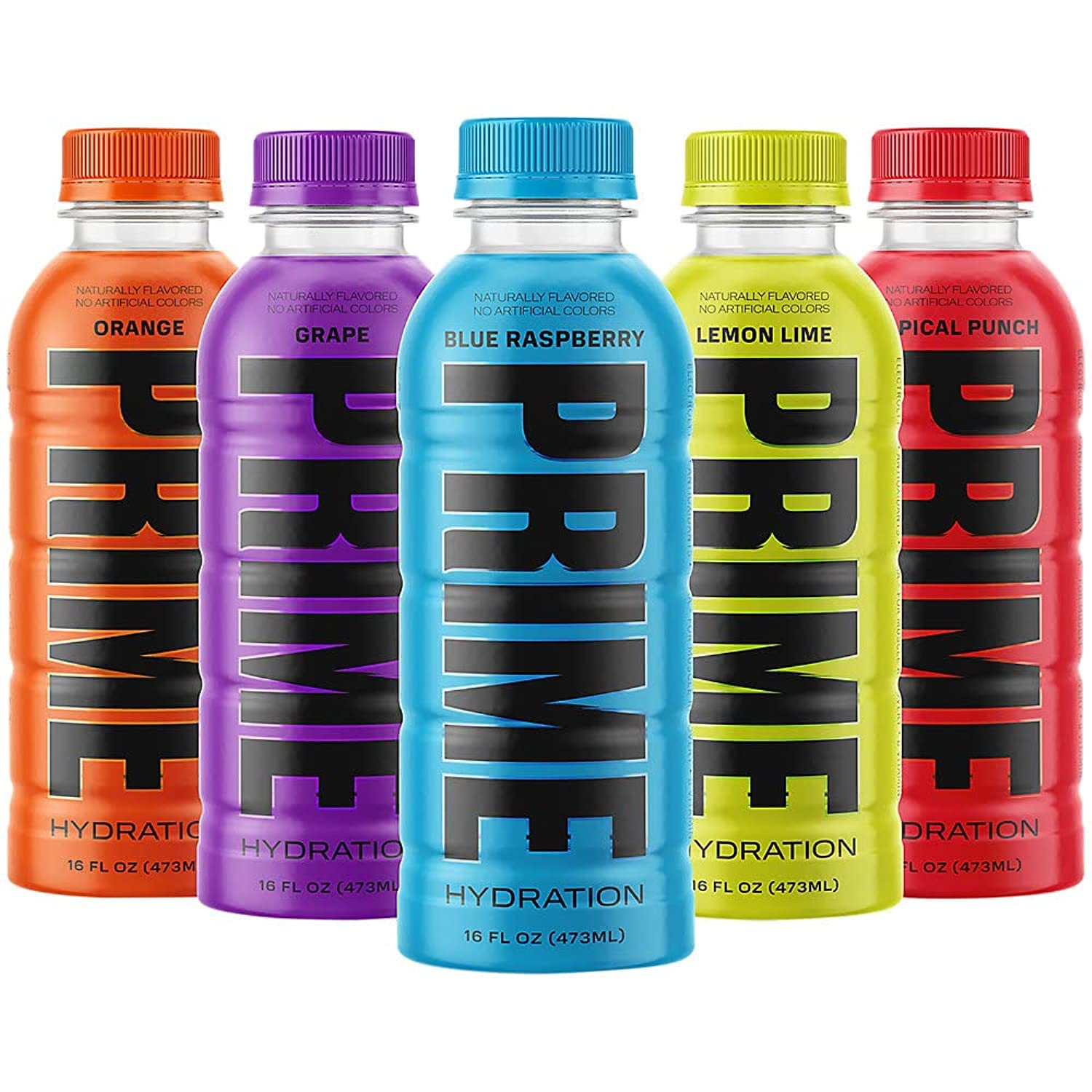 Gekleurde sportdrankflessen, PRIME hydratatie, verschillende smaken